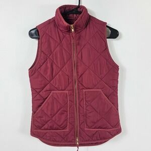 J.Crew Excursion Quilted Vest XS Women Flaw Burgundy Diamond Quilt Full Zip Gold